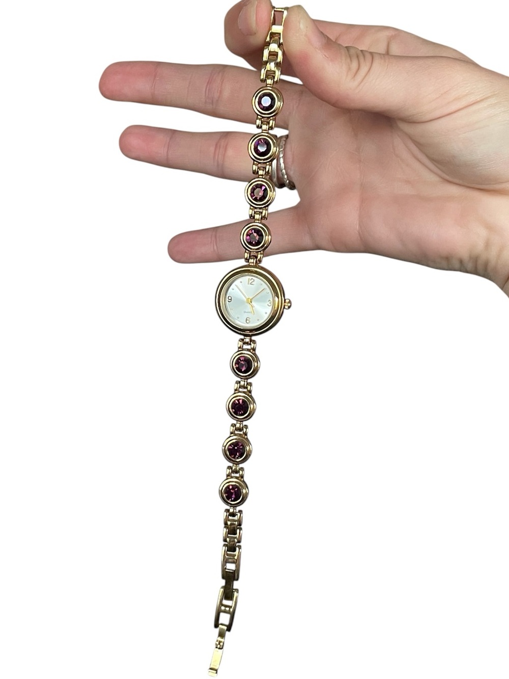 Vintage Gold Tone Women's Bracelet Watch with Purple Gem Accents